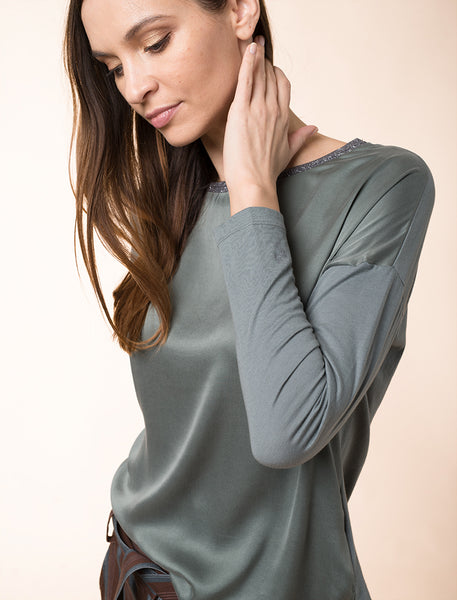 Silk Long Sleeve Top Thyme  **Only One Left**