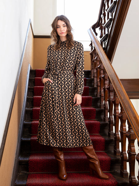 Fantastique Midi Dress Black/Tan Print - **Only 1 Left - Size L**