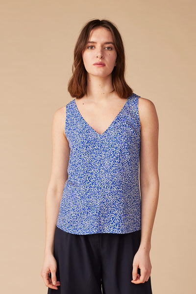 Sleeveless V-Neck Top Blue Print