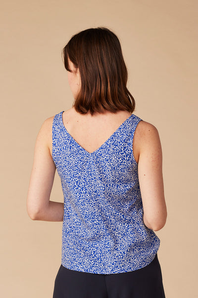 Sleeveless V-Neck Top Blue Print