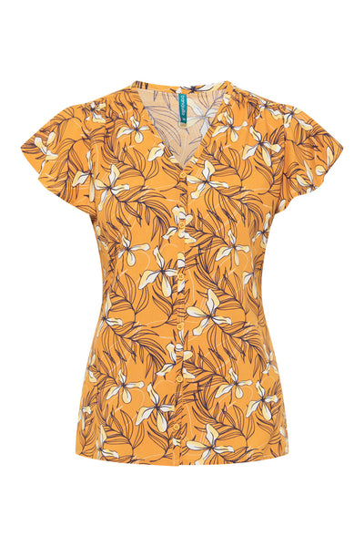 Flutter Sleeve Blouse Tropical Print