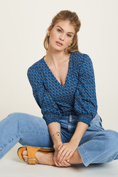 3/4 Sleeve V-Neck Top Blue Print  **Clearance Final Sale - Available in Size XS & XL**