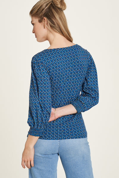 3/4 Sleeve V-Neck Top Blue Print  **Clearance Final Sale - Available in Size XS & XL**