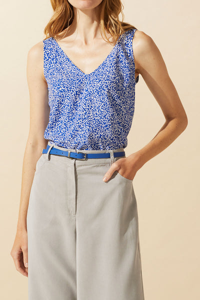 Sleeveless V-Neck Top Blue Print